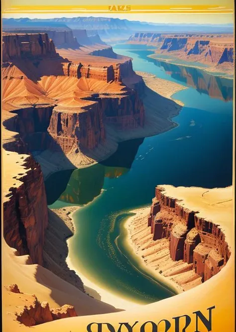 a canyon in desert, back to the camera, vintage_travel_posters <lora:vintage_travel_posters_v1-000010:0.6> vintage_travel_posters