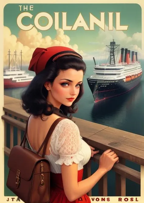 a woman looking at a ship, back to the camera, vintage_travel_posters <lora:vintage_travel_posters_v1-000010:0.6> vintage_travel_posters