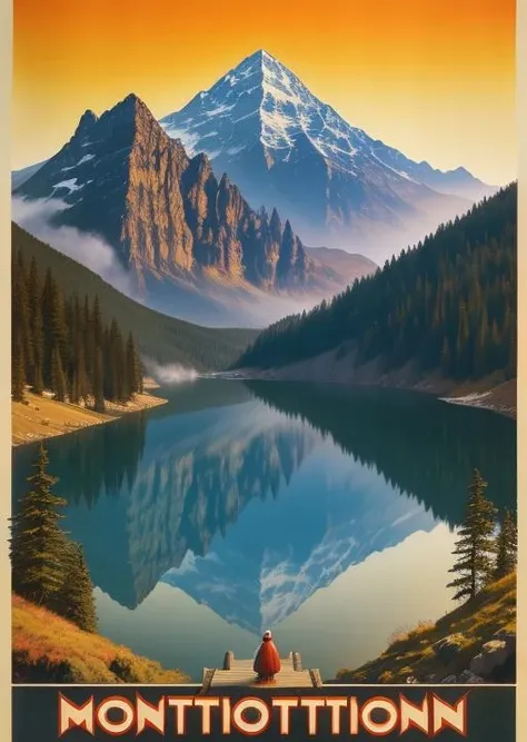 mountaion lake, back to the camera, vintage_travel_posters <lora:vintage_travel_posters_v1-000010:0.6> vintage_travel_posters