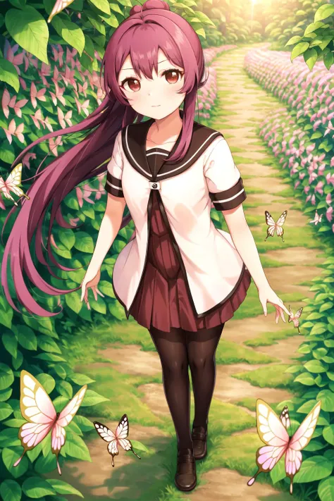 masterpiece, best quality, 1girl,  <lyco:Ayano-000012:1.0>, sugiura ayano, sailor dress, black pantyhose, gazing at viewer, full body, butterfly garden, surrounded by fluttering butterflies, sunlight filtering through leaves, serene expression, spring