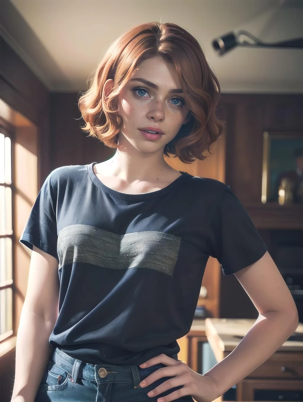 (8k, RAW photo, best quality, masterpiece:1.2),ultra-detailed, (high detailed skin:1.2), 8k uhd, dslr, soft lighting, high quality,  freckles, crimson bob cut, portrait <lora:Doric_Sophia_Lillis_v1:0.75> sophia_lillis, woman, bob cut, tshirt, jeans, standing in living room