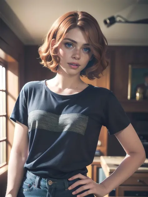 (8k, RAW photo, best quality, masterpiece:1.2),ultra-detailed, (high detailed skin:1.2), 8k uhd, dslr, soft lighting, high quality, freckles, crimson bob cut, portrait <lora:Doric_Sophia_Lillis_v1:0.75> sophia_lillis, woman, bob cut, tshirt, jeans, standing in living room