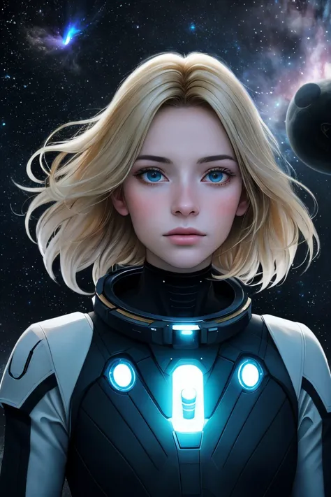 realistic photo of <lora:AnaisMariani_v9:0.8> AnaisMariani with dirty blonde hair with highlights, (style-swirlmagic:0.8), portrait, solo, half shot, looking down, detailed background, detailed face, (startrek theme:1.1), astronaut, wearing high-tech space suit, intense focus, lost in space, hair drifting, venturing beyond the stars, floating particles, holo-projection, cosmic storm in background, alien bioluminescence, epic atmosphere,