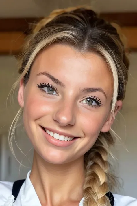 (eye level, closeup on face:1.2) photo of <lora:AnaisMariani_v9:0.8> AnaisMariani with dirty blonde hair with highlights,
smiling,
she is wearing furisode,
she is wearing pocket watch,
her hair is styled as fishtail braid headband,
BREAK she is (in the kitchen:1.1),
high key brightly lit,
color filter,