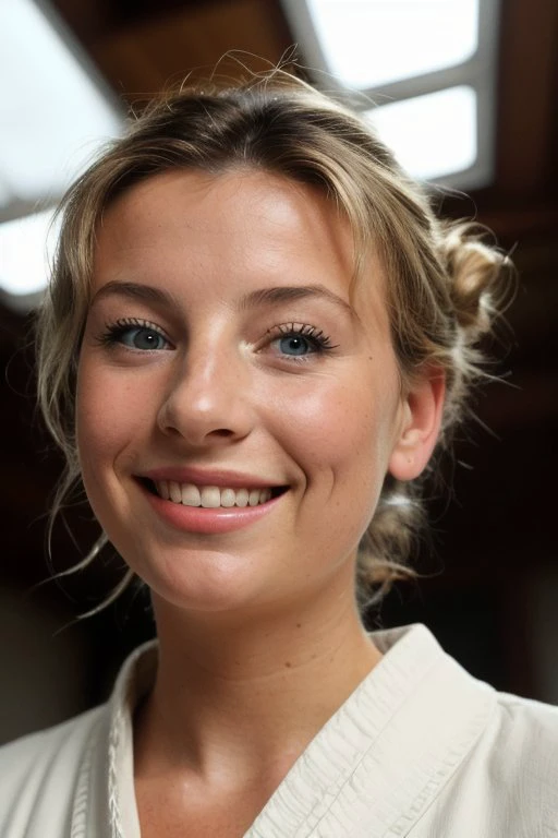 (shot from a Dutch angle, closeup on face:1.2) photo of <lora:AnaisMariani_v9:0.8> AnaisMariani with dirty blonde hair with highlights,
smiling,
she is wearing kimono,
she is wearing monocle,
her hair is styled as rope braid rolled bun,
BREAK she is (in the loft:1.1),
silhouetted against the light,
lens flare,8mm fisheye lens
,shot on Polaroid SX-70
,Agfa Vista
,
in the style of Tyler Shields