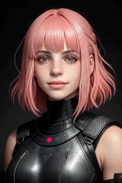 dystopian depiction of, dark, bleak, futuristic, detailed headshot photo of <lora:AnaisMariani_v9:0.8> AnaisMariani, focus on smiling face, wearing leather armor , her Coral pink color hair is styled as long bangs lob hair,