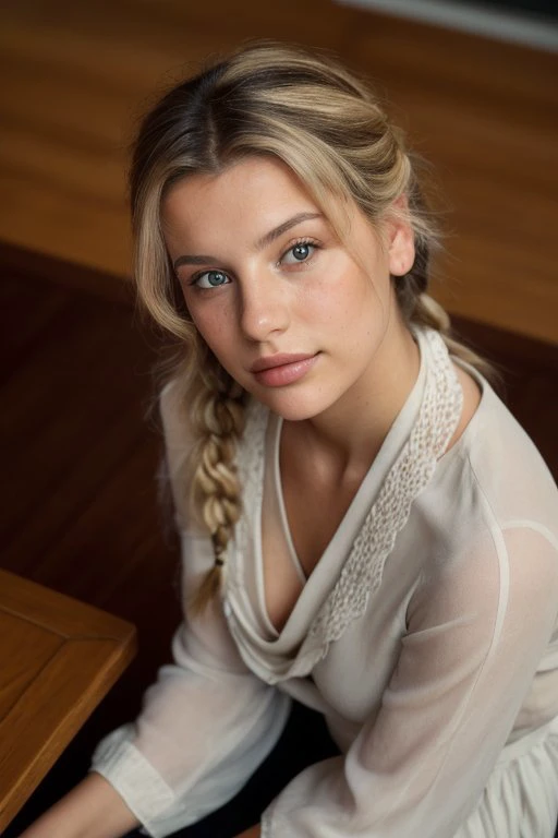 (from above, headshot:1.2) photo of <lora:AnaisMariani_v9:0.8> AnaisMariani with dirty blonde hair with highlights,
she is wearing mino boushi,
she is wearing shawl,
her hair is styled as side braid hair,
BREAK she is (in the dining room:1.1),
hash flash lighting,
shot on Leica T, smooth skin tone,Leica colors,shallow depth of field
  ,Voigtlnder Nokton 50mm f1.1
  ,desaturated grunge filter,Porta 160
  ,