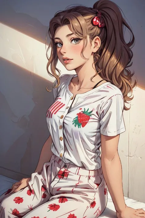(from below, head shot:1.2) photo of 
        AnaisMariani,
        she is wearing strawberry print pants and food print t-shirt
        her hair is styled as side chignon,
        she is wearing button badge,
        BREAK she is (sitting on a crescent moon:1.1),
        silhouetted against the light,
<lora:AnaisMariani_v7:.8>