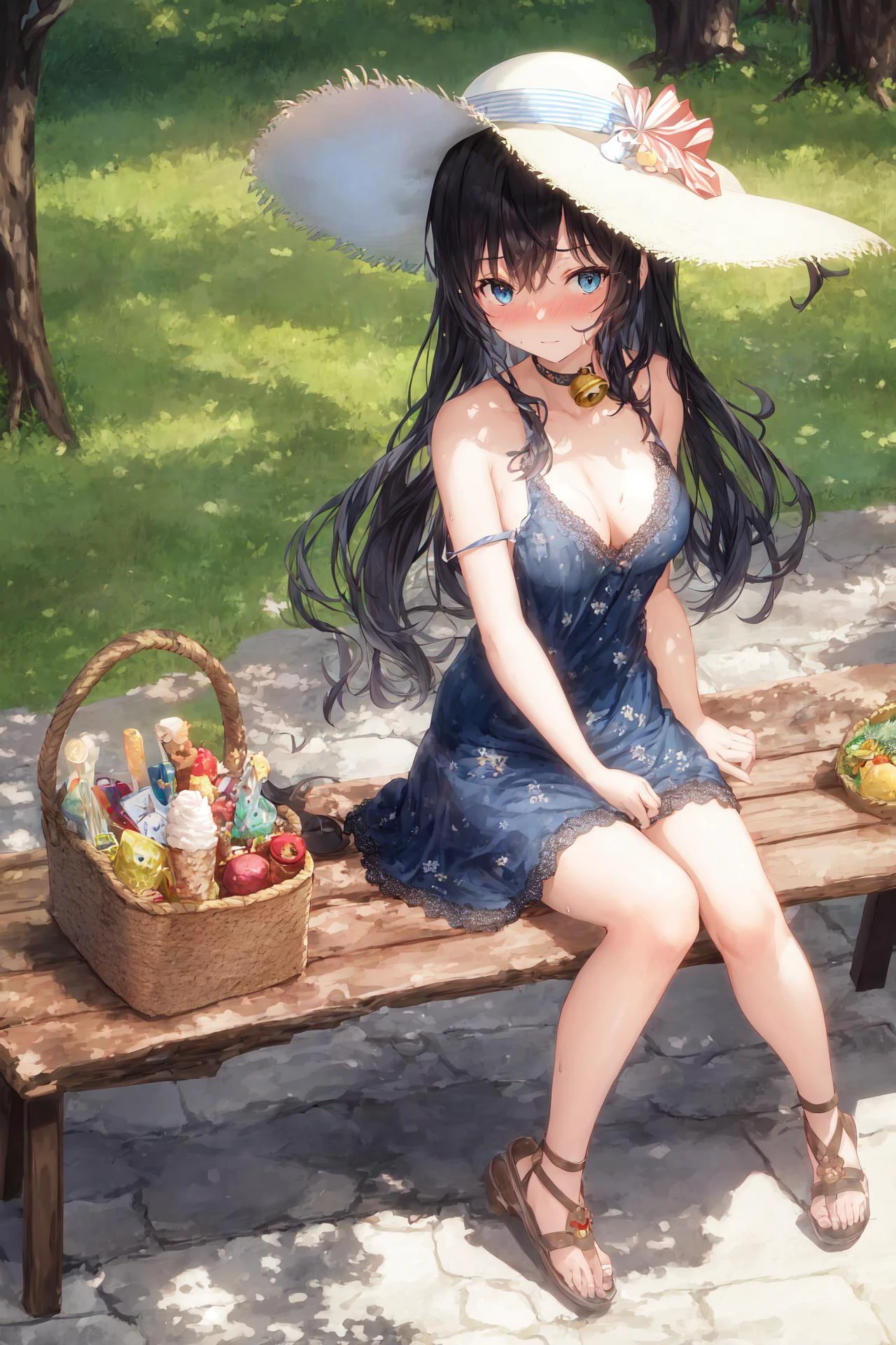 (full body:1.1),1girl, sitting,(holding :1.1) ice cream,
medium breasts,cleavage,solo, (strap slip:1.05),print sheer slip dress,lace trim,sideboob, collarbone, gladiator sandals, ankle ribbon, (neck bell:1.05), twin drills, black hair,blue eyes, sun hat, sweat, nose blush, shy,
see-through silhouette,fountain square ,on wooden park bench, picnic basket ,tree shade, flagstone pavement,summer,shadow,
