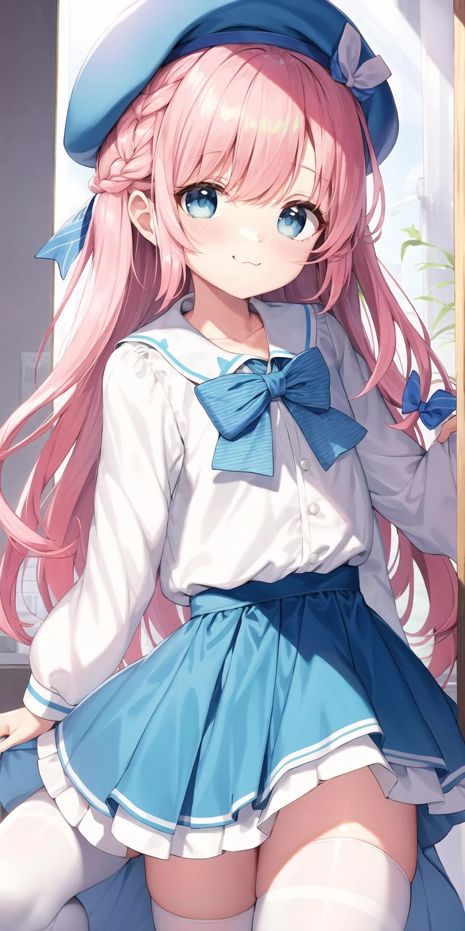 (kawaii,cute),pink hair,long straight hair,french braid,azure-blue eyes,medium chest,(white beret with (blue and white stripe bow)),cute face,cute,dark blue semi-open coat,white sailor shirtwhite thighhighs,blue pleated skirt,mary janes,