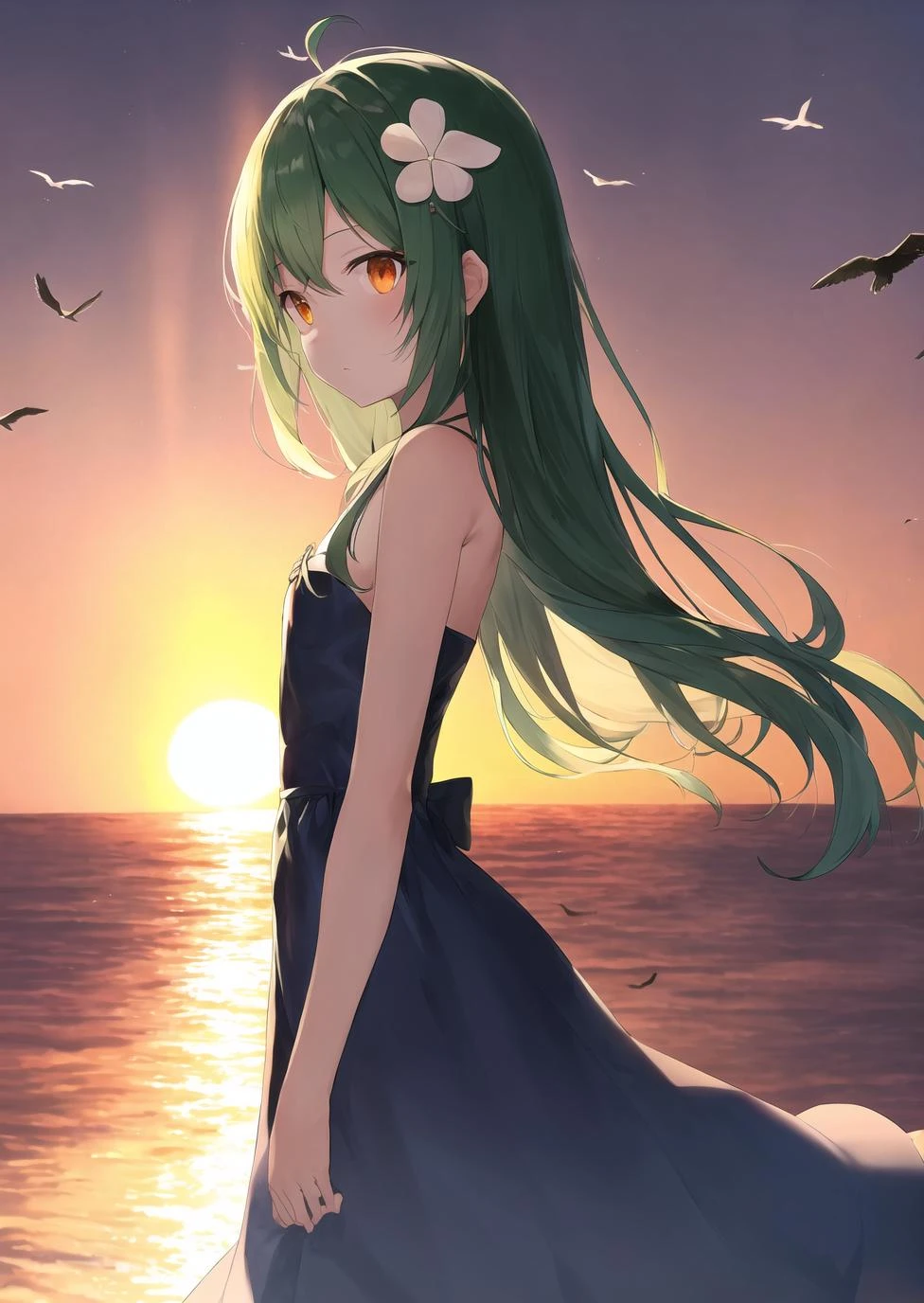 (pixiv masterpiece),masterpiece, best quality, 1girl, flat chest, green hair, orange eyes, clover hair ornament, long hair, disheveled hair, messy hair, backlighting, lucency full dress, ((dusk)),sunset glow,standing on the ((headland)),extremely beautiful (red sun),some seabirds flying in the beautiful sky,[a few thin clouds in the sky],(cinematic lighting)[Tyndall Effect],cowboy shot
