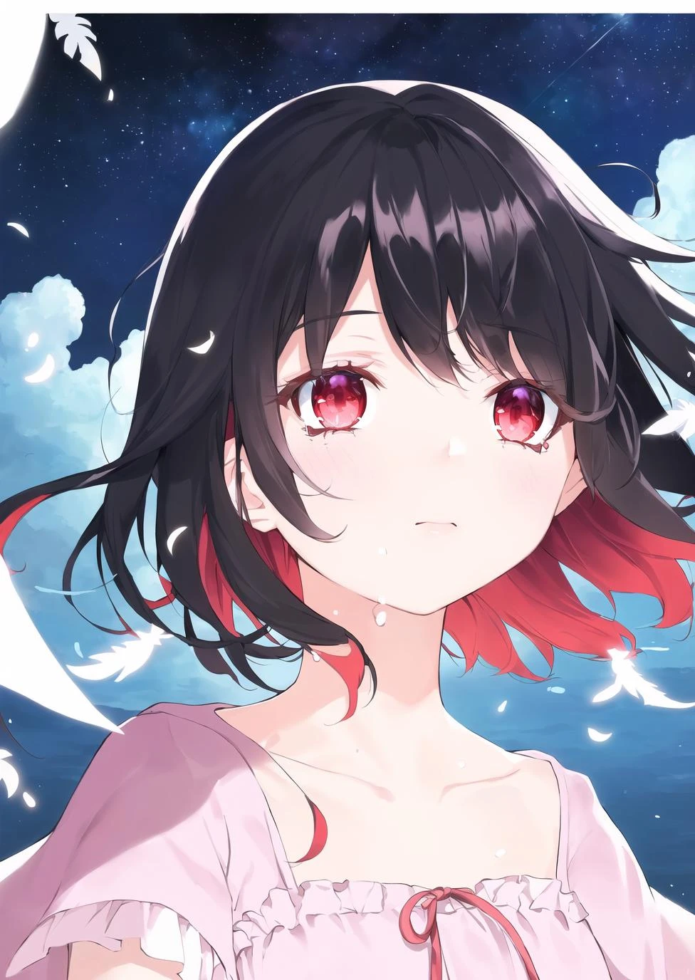 pixiv masterpiece,best quality,(1girl:1.1),(close-up:1.3),face focus,gradient hair,hair spread out,looking away,( from side:0.5),,red eyes,(black hair:1.3),red hair,bangs,red inner hair,collarbone,two-tone hair,(medium hair:1.5),short hair,pink dress,(puffy_short_sleeves:1.1),collarbone,(bloom:1.1),(swirling:1.2),(hyper detail:1.1),(illustration:1.1),(dynamic light:1.2),(floating hair:1.2),wind,(light particles:1.1),(glowing clouds:1.1),glowing red eyes,(colorful:1.1),(starry sky:1.2),(pastel colors:1.4),(flat color:1.1),(watercolor:1),(fish eye:1.1),bed,feather,blanket,(water splash:1.2),cinematic light,flower,((hood down))