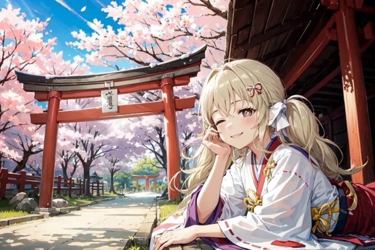 lying, close view, side view, torii, resting under the giant sakura tree, sakura leafs around, japanese sanctuary, smile, evening, sun, blushes, half-closed eyes, hands under the cheeks, masterpiece, higres, best quality, high detailed, high resolution, illustration, detailed shadows, high clarity, Kafuru, hair bows, hair ribbons, yellow pupils, purple eyes, traditional attire, red clothes, japaneese clothes, festival kimono   <lora:KafuruV3_lora-10:0.7>   <lora:more_details:0.4>