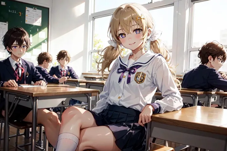 indoors, blushes, school, sitting, class, class room, class tables, windows, sunny, student, school uniform, shirt, skirt, white socks, red neck ribbon, stundents around, multiple boys and girls, people talking around, masterpiece, higres, best quality, high detailed, high resolution, illustration, detailed shadows, Kafuru, hair bows, hair ribbons, (yellow pupils:1.1), purple eyes, smile   <lora:KafuruV3_lora-10:0.8>