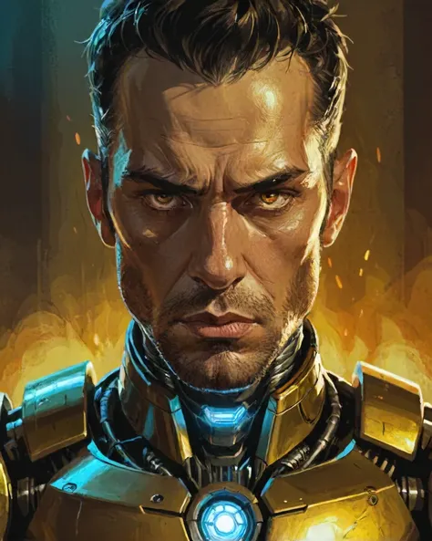 D&D style portrait, fantasy, digital art, Male Robot, sad, illustration, close-up, sci-fi, man, detailed face, warm light, imposing, shiny, beautiful elegant, contemporary, highly detail, advanced cinematic perfect light, epic composition, highly enhanced