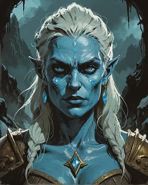 D&D style portrait, fantasy, digital art, buxom Female Frost giant, detailed face, deep aesthetic, ambient, polished, sublime, dynamic dramatic composition, cinematic light, great light, darkest dungeon style, blue-skin, very-tall-female, orbitgood-SDXL OverallDetail-SDXL