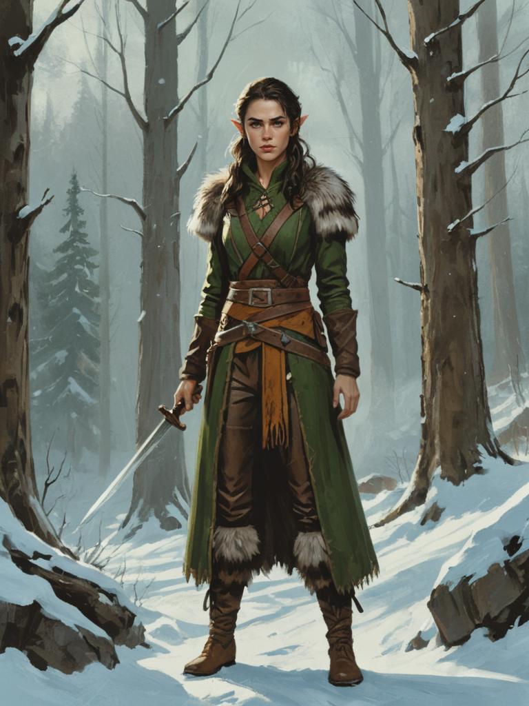 A woman in a green coat and brown boots standing in the snow - SeaArt AI