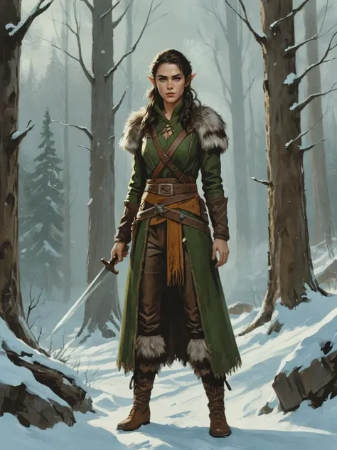 elf woman standing in a forest, holding sword, wood elf, barbarian, leather clothes, fur trim, high quality, masterpiece, digital painting, pants, winter, snow