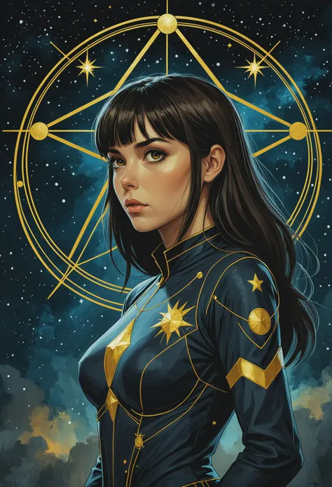 high quality, masterpiece, digital painting, 1girl, woman, bangs, portrait, solo, from side, side view, (full body:0.6), looking at viewer, detailed background, detailed face, (dark fantasy theme:1.1) (glowing eyes:1.05), embodied star constellation, zodiac, horoscope, calm composure, occult, gemini, esoteric geometric symbolism, celestial energy, stars, shine, symmetry, stardust, backlighting, cosmic space background, esoteric atmosphere,