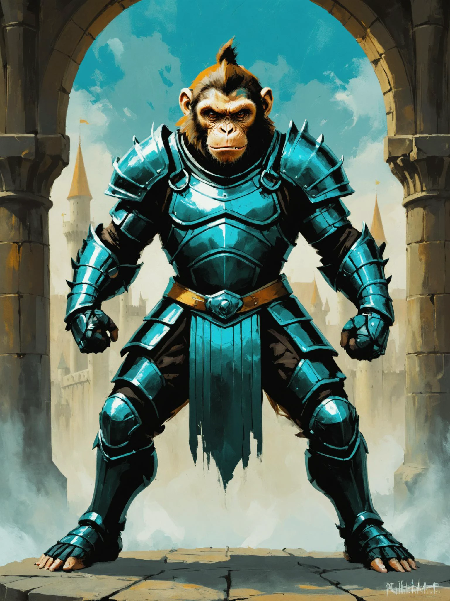 full body painting of Monkey,simple anime style, illustration, thick lines,sharp teeth , wear fantasy armor, intricate dark steel armor, dark teal and amber, dark fantasy castle background, knight fighting stance,
