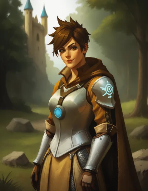 score_9, score_8_up, score_7_up, BREAK, digital art, cowboy shot, front view, BREAK, female, Tracer from Overwatch, wearing detailed high medieval armor, BREAK, high resolution, semi-realistic, soft lighting, inspired by classic medieval portraiture