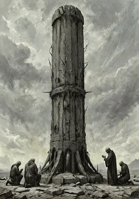 A gigantic column takes up the entire focal point, rising above a dead, lifeless wasteland and reaching up into an equally dead, grey sky. At the foot of the column are several indistinct human figures, bowing in awe before the monstrous structure, some prostrate on the ground, others kneeling with their hands clasped in prayer. On a wide, flat platform crowning the column is an amorphous, slug-like creature, extending beyond the frame. charcoal drawing