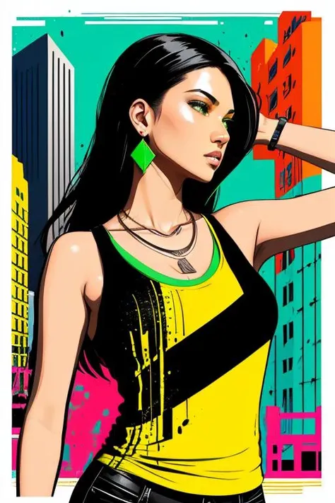 illustration, cover art, minimalist, stylized, pixel shader, high contrast, vibrant, portrait , graffiti, paint splatter, messy, green and yellow highlights, a woman, juli4_ke11y, tank top, lively, earrings, necklace looking at viewer, quarter profile, close-up, ((outdoor city)) background, fashion