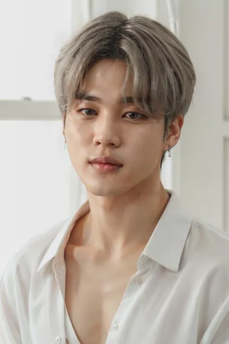 <lora:btsjimin:0.6> btsjimin, white open shirt, warm lighting, portrait, silver hair