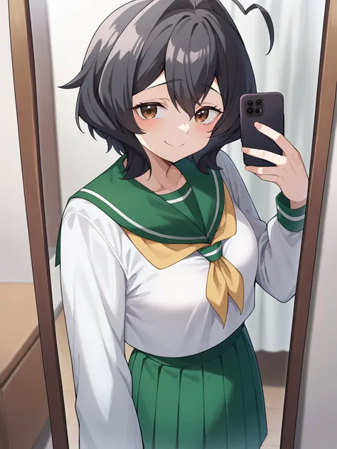 score_9, score_8_up, score_7_up, score_6_up, score_5_up, score_4_up, BREAK, source_cartoon, source_anime,
1girl,<lora:HiiragiUtenaXL:1> hiiragiutena, 1girl, black hair, antenna hair, bangs, short hair, brown eyes,
white shirt, green sailor collar, green pleated long skirt, loafers, long sleeves, black pantyhose, yellow neckerchief, school uniform, serafuku
girl taking a mirror selfie in her bathroom, smile
cowboy shot framing, looking at viewer, mirror, holding phone, smile, making a peace sign, v
