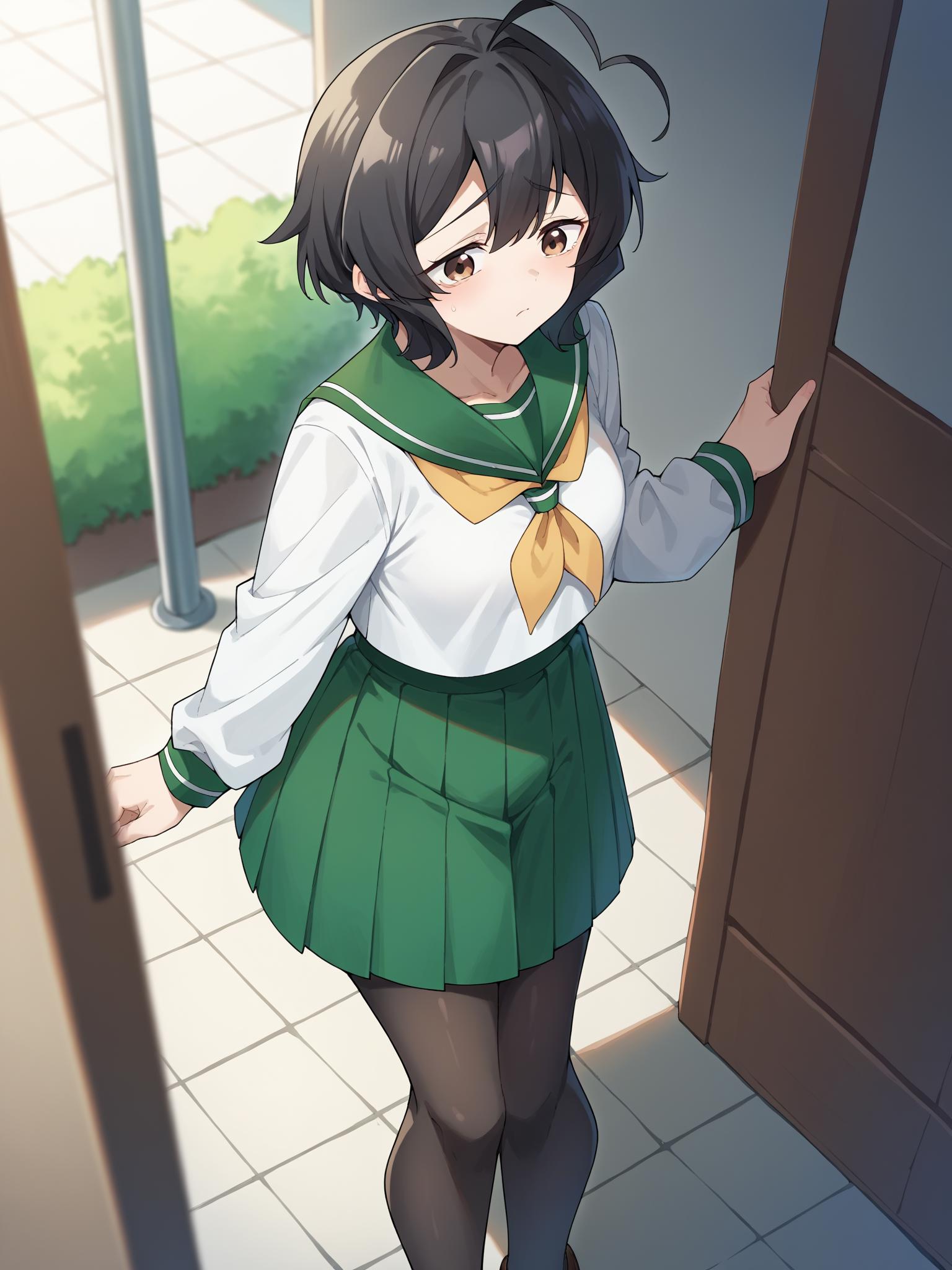 Anime girl in green skirt and white shirt standing in front of a door ...