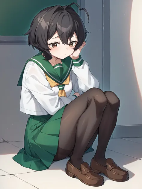 setsuna tokage, 1girl, solo, long hair, breasts, looking at viewer, smile, skirt, simple background, shirt, gloves, school uniform, jacket, full body, ass, pantyhose, pleated skirt, boots, green hair, fingerless gloves, black footwear, grin, black eyes, legs up, green background, grey jacket, bags under eyes, u.a. school uniform, dark green hair <lora:SetsunaTokageLoRA-10:0.5>