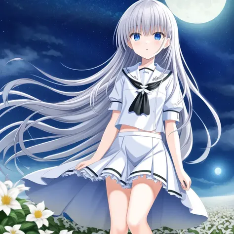 masterpiece, best quality, highres, {beautiful detailed eyes}, finely detail, Depth of field, 4k wallpaper, bluesky, cumulus, wind, insanely detailed frills, extremely detailed lace, night and moon and starry sky, very long hair, There are many scattered luminous petals, colorful flowers, Depth of field,
solo, wearing (serafuku:1.0), (endlessly growing absurdly long hair spreading on the ground endlessly:1.3), (space style:1)