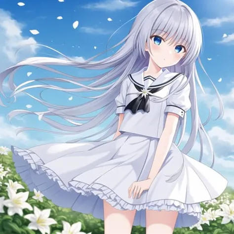 masterpiece, best quality, highres, {beautiful detailed eyes}, finely detail, Depth of field, 4k wallpaper, bluesky, cumulus, wind, insanely detailed frills, extremely detailed lace, BLUE SKY, very long hair, There are many scattered luminous petals, colorful flowers, Depth of field,
1 girl wearing serafuku with (endlessly growing absurdly long hair spreading on the ground endlessly:1.3)