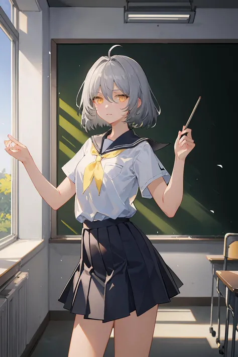 ANKAXIYA, school uniform, grey_hair, short_hair, ahoge, yellow_eyes, 1girl, standing, looking at viewer, cowboy shot, classroom, day, blue_sky, dappled sunlight, (masterpiece,best quality,beautiful and aesthetic:1.2), <lora:ANKAXIYA-v1:0.6>