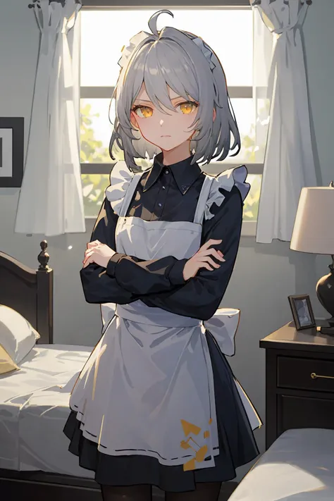 ANKAXIYA, maid, grey_hair, short_hair, ahoge, yellow_eyes, 1girl, standing, crossed arms, looking at viewer, cowboy shot, bedroom, day, blue_sky, dappled sunlight, (masterpiece,best quality,beautiful and aesthetic:1.2), <lora:ANKAXIYA-v1:0.6>