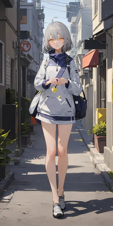 ANKAXIYA, sportswear, white_sneakers, grey_hair, short_hair, ahoge, yellow_eyes, 1girl, standing, looking at viewer, full body, street, day, dappled sunlight, (masterpiece,best quality,beautiful and aesthetic:1.2), <lora:ANKAXIYA-v1:0.6>