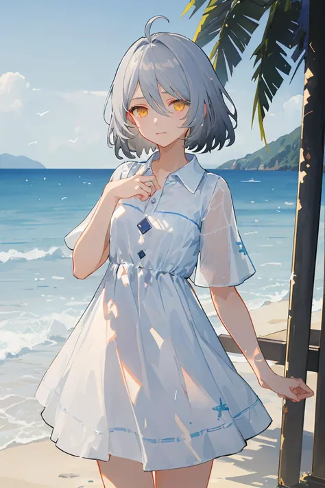 Silver Hair Short Bob Light blue eyebrows Dark blue eyes Red dress blue sea White sand beach Light of the sun smile