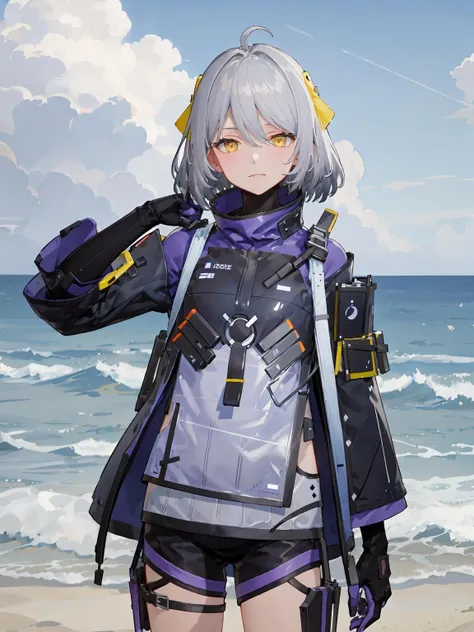ANKAXIYA, tactical_jacket, shorts, gloves, headdress,  grey_hair, short_hair, ahoge, yellow_eyes, 1girl, solo, standing, cowboy shot, hand on own arm,   looking at viewer,  day, beach, ocean, dappled_sunlight, blue_sky, cloud,   (masterpiece,best quality,beautiful and aesthetic:1.2),  <lora:ANKAXIYA-v1:0.7>