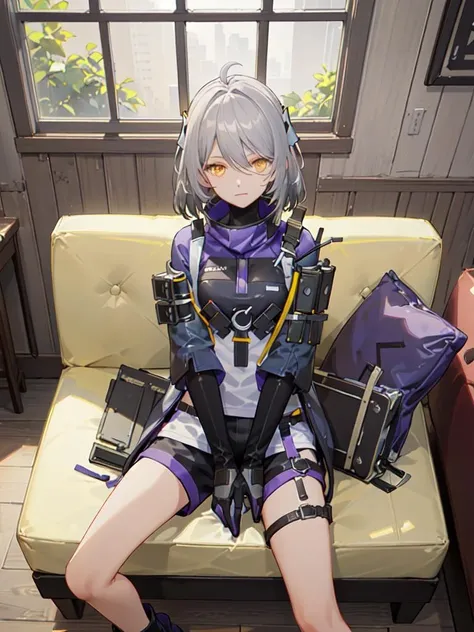 from_above,(cowboy shot:1.2),   ANKAXIYA, tactical_jacket, shorts, gloves, headdress,  grey_hair, short_hair, ahoge, yellow_eyes, 1girl, solo, sitting on sofa, (wide_spread_legs:1.2),  looking at viewer,  day, sunlight, living room,   (masterpiece,best quality,beautiful and aesthetic:1.2),  <lora:ANKAXIYA-v1:0.7>