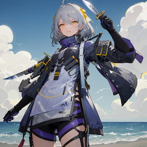 ANKAXIYA, tactical_jacket, headdress, grey_hair, short_hair, ahoge, yellow_eyes, 1girl, standing, (holding_knife:1.1), serious, menace, from_below, looking at viewer, cowboy shot, beach, sea, day, blue_sky, dappled sunlight, (masterpiece,best quality,beautiful and aesthetic:1.2), <lora:ANKAXIYA-v1:0.7>