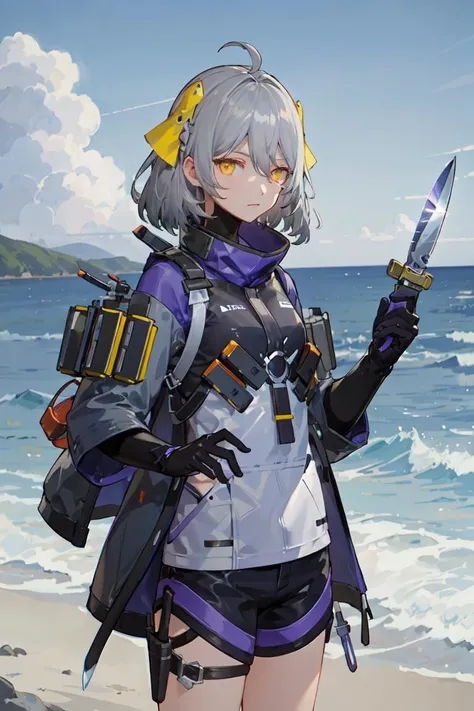 ANKAXIYA, tactical_jacket, shorts, gloves, headdress, grey_hair, short_hair, ahoge, yellow_eyes, 1girl, solo, standing, cowboy shot, (holding_knife:1.2), serious, looking at viewer, day, beach, ocean, dappled_sunlight, blue_sky, cloud, (masterpiece,best quality,beautiful and aesthetic:1.2), <lora:ANKAXIYA-v1:0.7>