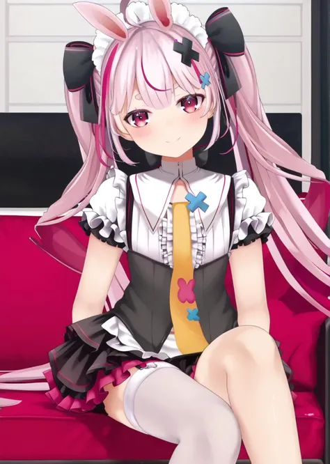 score 9, score 8 up, score 7 up, rating questionable,
detailed background, shiny skin,
<lora:tomari.pony:1>,
tomari, maid,
indoor, living room, sit on sofa, head tilt,