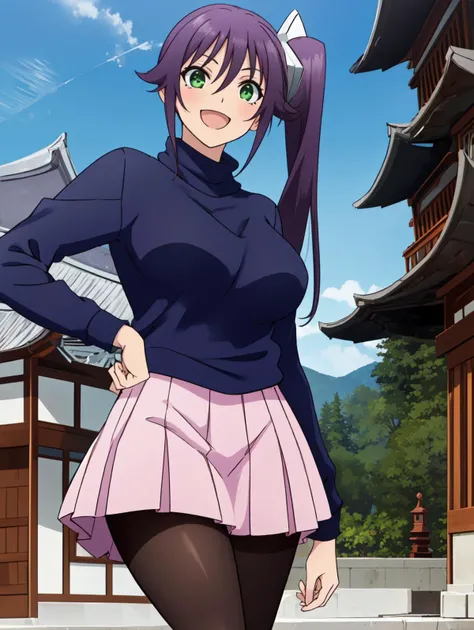 masterpiece, <lora:SagiriAmenoV1-000008:1>, sagiame, 1girl, solo, (((:d:1))), large breasts, purple hair, hair ornament, side ponytail, long hair, bangs, green eyes, sweater, blue sweater, long sleeves, turtleneck, skirt, pleated skirt, pink skirt, mini skirt, pantyhose, brown pantyhose, looking at viewer, standing, east asian architecture, <lora:[ESTILO] SenranKaguraStyleYaegashi:0.6>