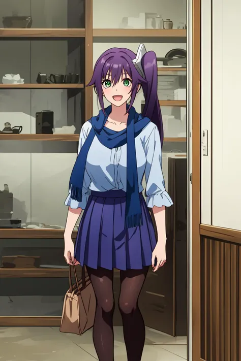 masterpiece, <lora:SagiriAmenoV1-000008:1>, sagiame, 1girl, solo, (((:d:1))), large breasts, purple hair, hair ornament, side ponytail, long hair, bangs, green eyes, (pink shirt:1.1), collarbone, scarf, blue scarf, skirt, pleated skirt, mini skirt, blue skirt, pantyhose, brown pantyhose, bag, looking at viewer, standing, east asian architecture