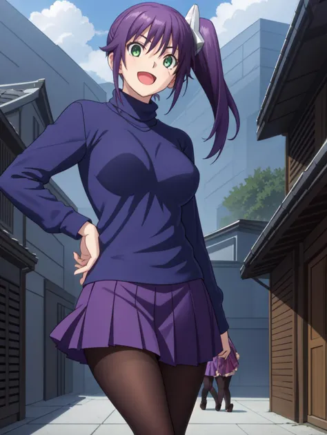 masterpiece, <lora:SagiriAmenoV1-000008:1>, sagiame, 1girl, solo, (((:d:1))), large breasts, purple hair, hair ornament, side ponytail, long hair, bangs, green eyes, sweater, blue sweater, long sleeves, turtleneck, skirt, pleated skirt, pink skirt, mini skirt, pantyhose, brown pantyhose, looking at viewer, standing, east asian architecture, <lora:Typemoon:0.4>