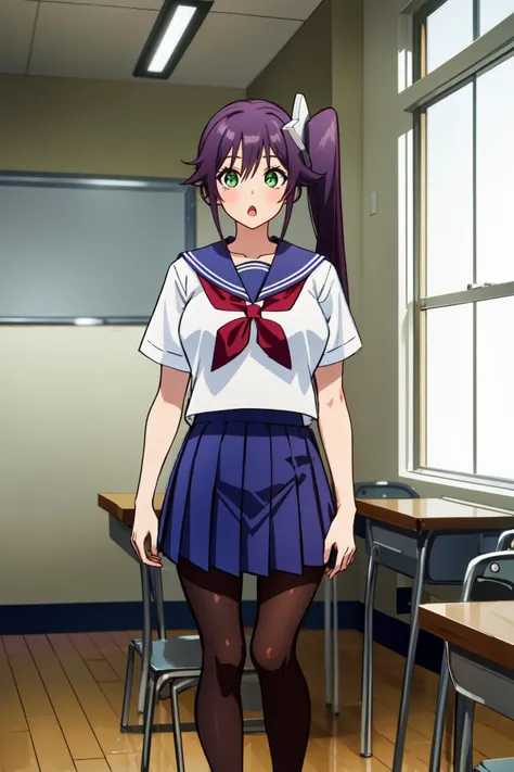masterpiece, <lora:SagiriAmenoV1-000008:1>, sagiame, 1girl, solo, (((:o:1))), large breasts, purple hair, hair ornament, side ponytail, long hair, bangs, green eyes, shirt, white shirt, short sleeves, sailor collar, red neckerchief, school uniform, serafuku, skirt, mini skirt, pleated skirt, blue skirt, pantyhose, brown pantyhose, looking at viewer, standing, school room