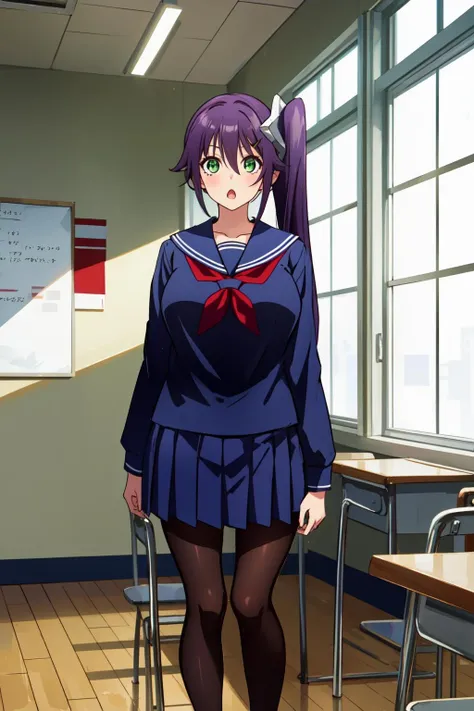 masterpiece, <lora:SagiriAmenoV1-000008:1>, sagiame, 1girl, solo, (((:o:1))), large breasts, purple hair, hair ornament, side ponytail, long hair, bangs, green eyes, long sleeves, sailor collar, red neckerchief, school uniform, serafuku, blue school uniform, skirt, mini skirt, pleated skirt, blue skirt, pantyhose, brown pantyhose, looking at viewer, standing, school room