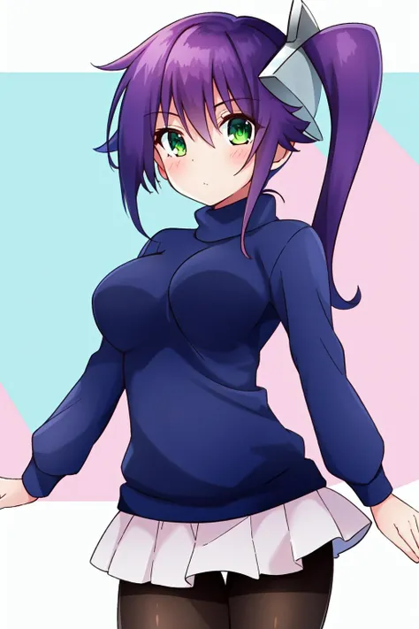 sagirin, 1girl, female, solo, looking at viewer, purple hair, shuriken, hair ornament, side ponytail, green, eyes, breasts, long hair, medium breasts, pantyhose, pleated skirt, miniskirt, sweater, blue sweater, <lora:sagiri-08:0.8>