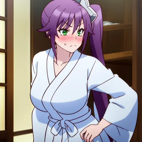 masterpiece, <lora:SagiriAmenoV1-000008:1>, sagiame, 1girl, solo, (((flustered:1))), blush, portrait, large breasts, hair ornament, shuriken hair ornament, side ponytail, long hair, green eyes, bangs, collarbone, japanese clothes, kimono, yukata, bath yukata, white kimono, looking at viewer, standing, bed room