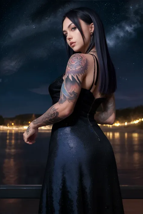 <lora:tattoosleeve-devildonia:1.00>, fullsleevetattoo stattoo, woman, wearing (black|flowing|starry) dress, (black|purple|blue|dyed) hair, night sky background || skin, hair, clothing, tattoos, masterpiece, 8k, high resolution, shallow depth of field, sharp focus